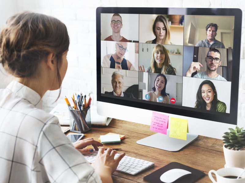 Woman in a video conference call in her home office during the coronavirus pandemic